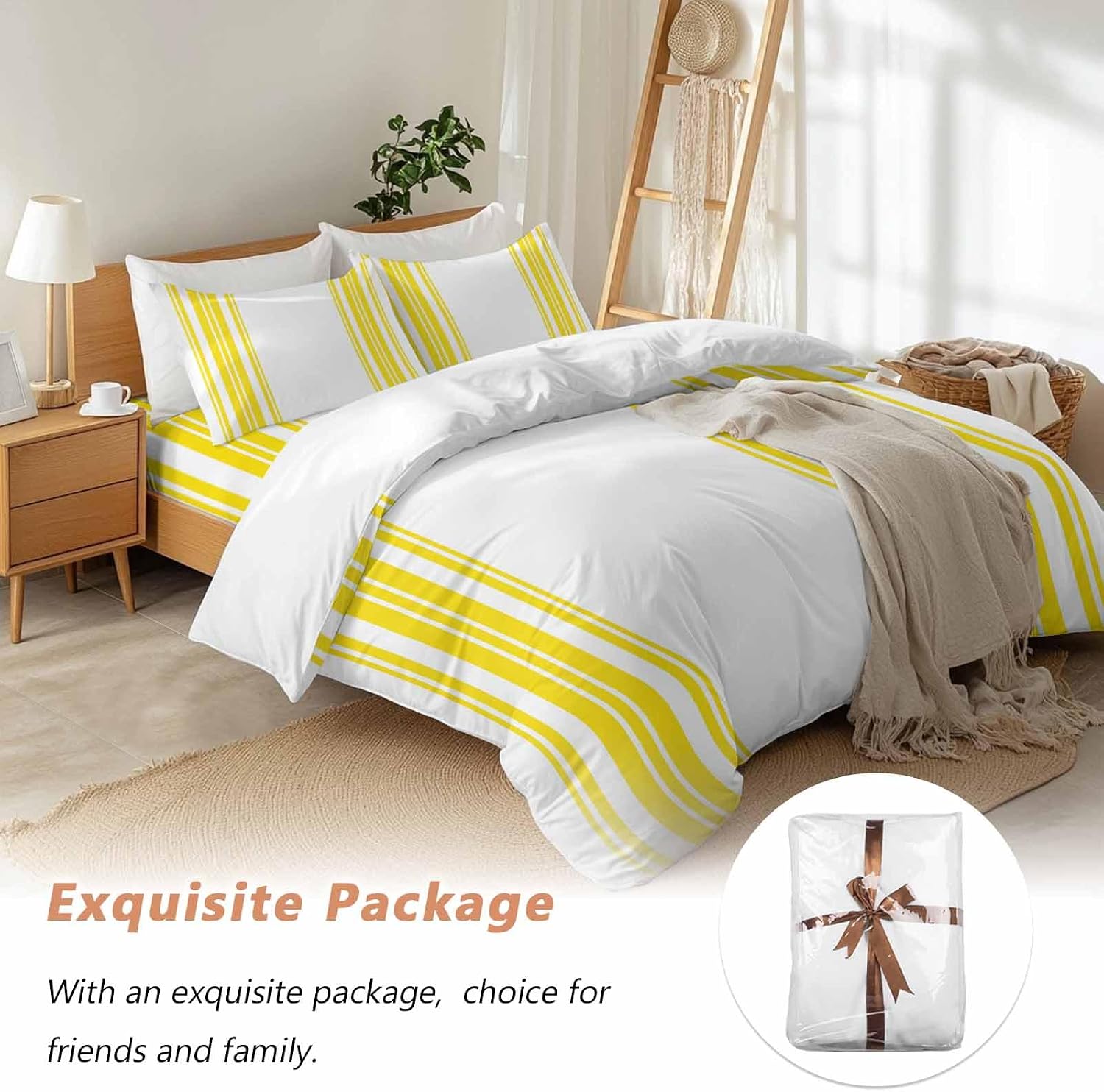 Yellow and White Striped Duvet Cover Set Queen Size 4 Pieces Modern Minimalist Vertical Lines Bedding Set with Zipper Closure, 1 Comforter Cover 92x106 Inches 1 Flat Sheet & 2 Pillow Cases