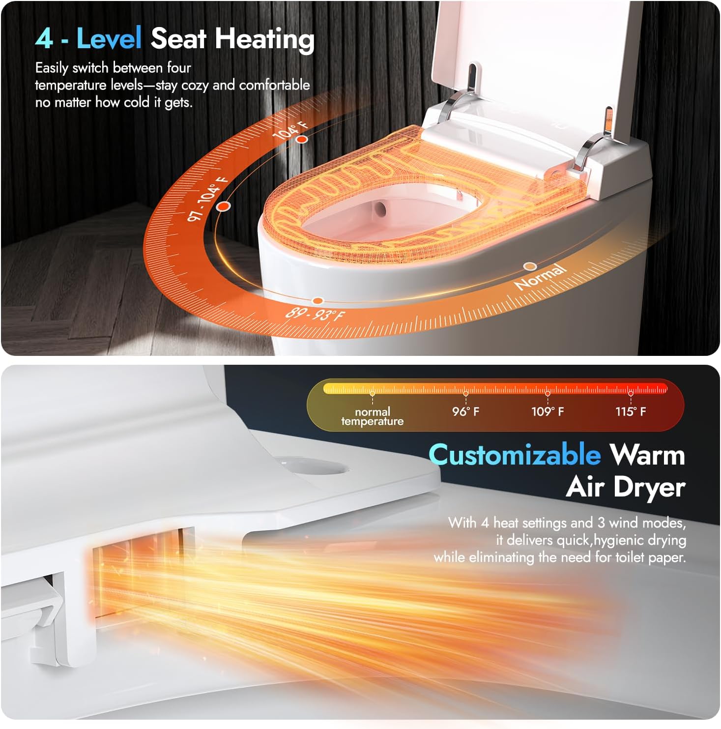 Smart Compact Toilet for Small Bathroom, 23' Depth Toilet with Auto Open/Close Lid & Foot Sensor Flush, Heated Seat, Warm Water Wash & Dryer, Tankless One Piece Toilet with 1.28GPF