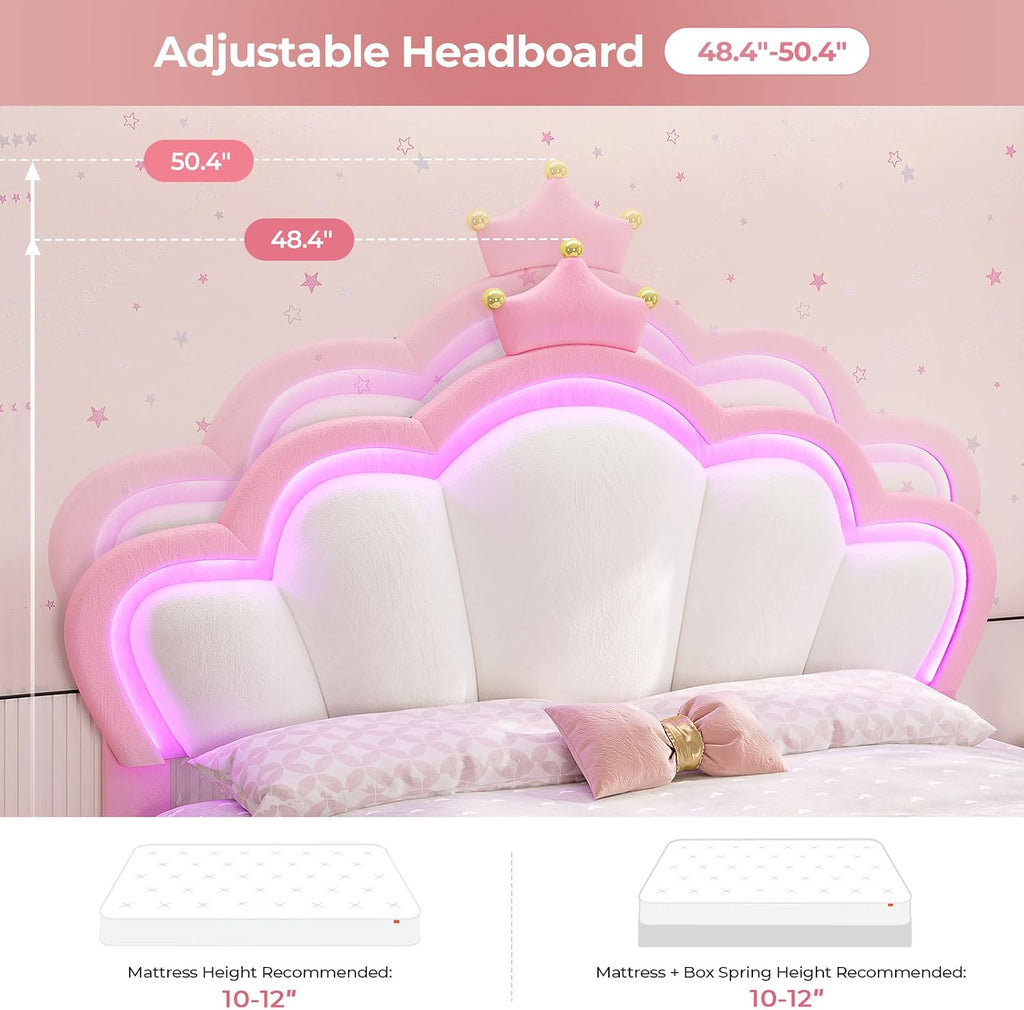 ADORNEVE Full Bed Frame with LED Lights, Princess Bed with Adjustable Chic Double Shell Headboard, Full Girl Bed Velvet Upholstered Platform Bed with Princess Crown, Solid Wood Slats Support, Pink