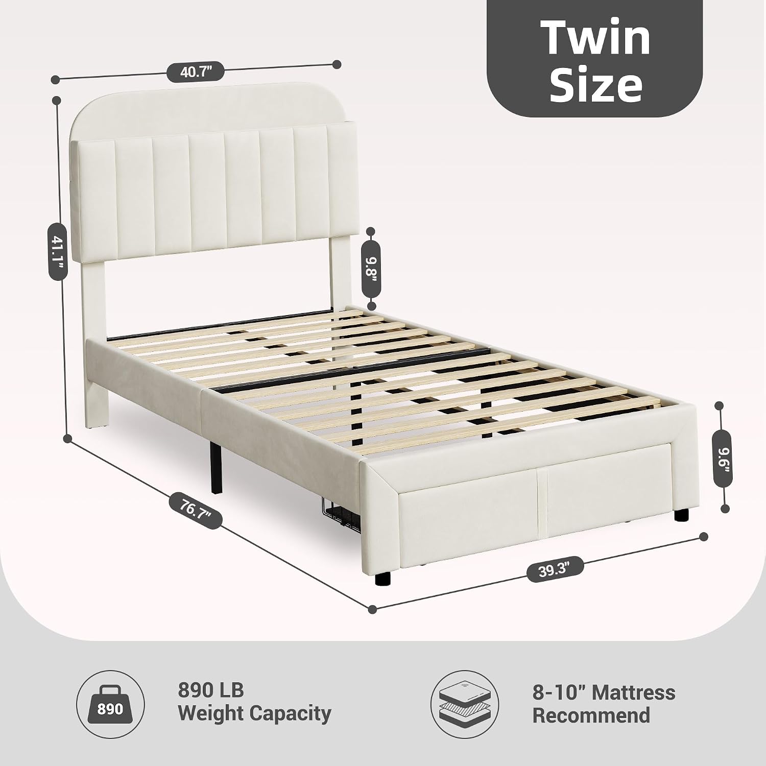 GarveeHome Twin Bed Frame with Drawer, Velvet Upholstered Platform Bed Frame with Storage Headboard, No Box Spring Needed, Easy Assembly, Noise-Free, Beige