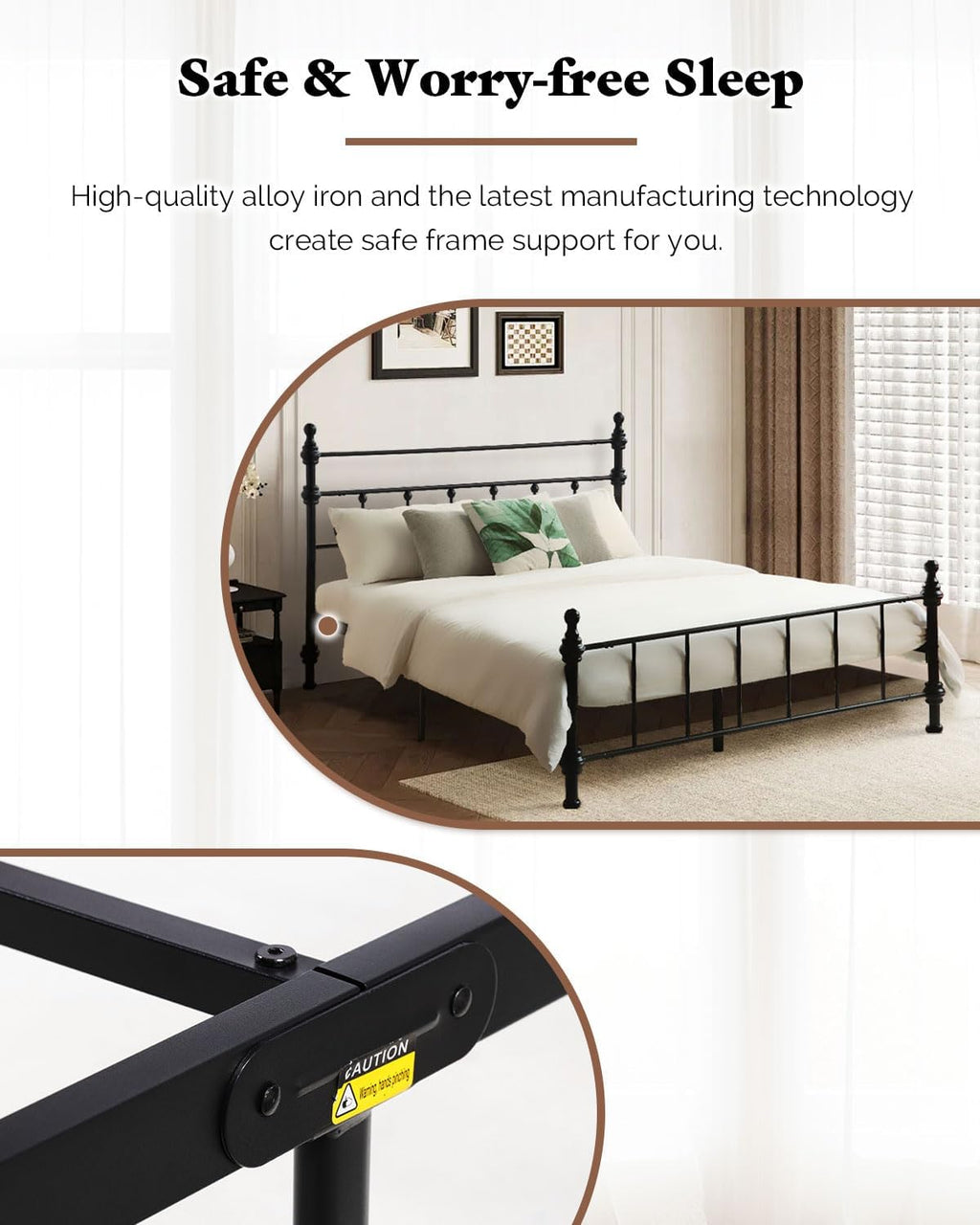 Queen Size Bed Frame, Metal Platform Bed with Straight Headboard, Retro Luxury Roman Column, Easy Set up, No Box Spring Needed, Storage Space Under-Bed（Queen）
