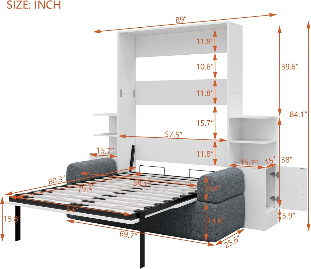 Full Wood Murphy Bed with Sofa,Shelves and Cabinets,Modern Foldable Wall Bed with Headboard,Couch and Armrest,for Home Office or Small Room,Space Saving,No Box Spring Needed,Gray