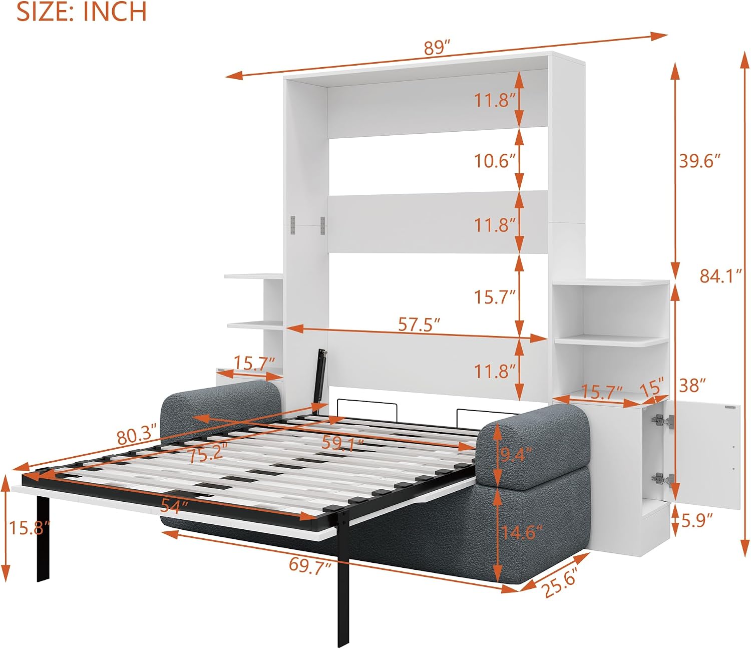 Full Wood Murphy Bed with Sofa,Shelves and Cabinets,Modern Foldable Wall Bed with Headboard,Couch and Armrest,for Home Office or Small Room,Space Saving,No Box Spring Needed,Gray
