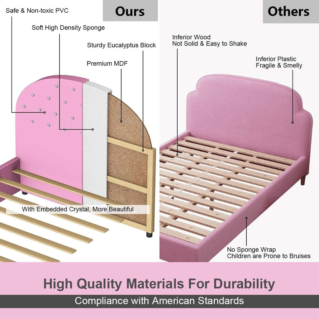 Costzon Twin Bed Frames for Kids, Wood Upholstered Twin Bed Platform with Slat Support, Padded Headboard&Footboard, No Box Spring Needed, Easy Assembly, Fits Standard Twin Mattress (Crystal)