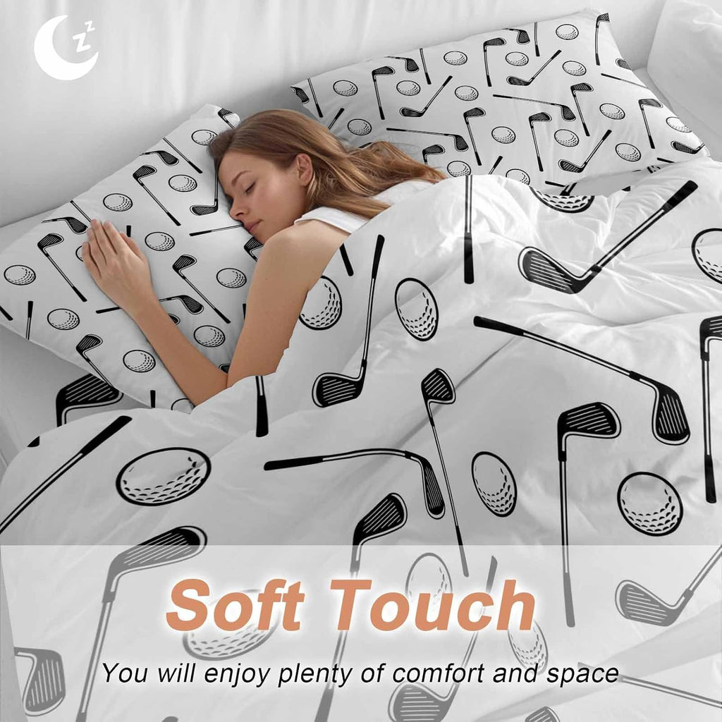 Golf Balls Duvet Cover Set Queen Size 4 Pieces Retro Sports Style Golf Poles Minimalist Modern Bedding Set with Zipper Closure, 1 Comforter Cover 86x86 Inches 1 Flat Sheet & 2 Pillow Cases