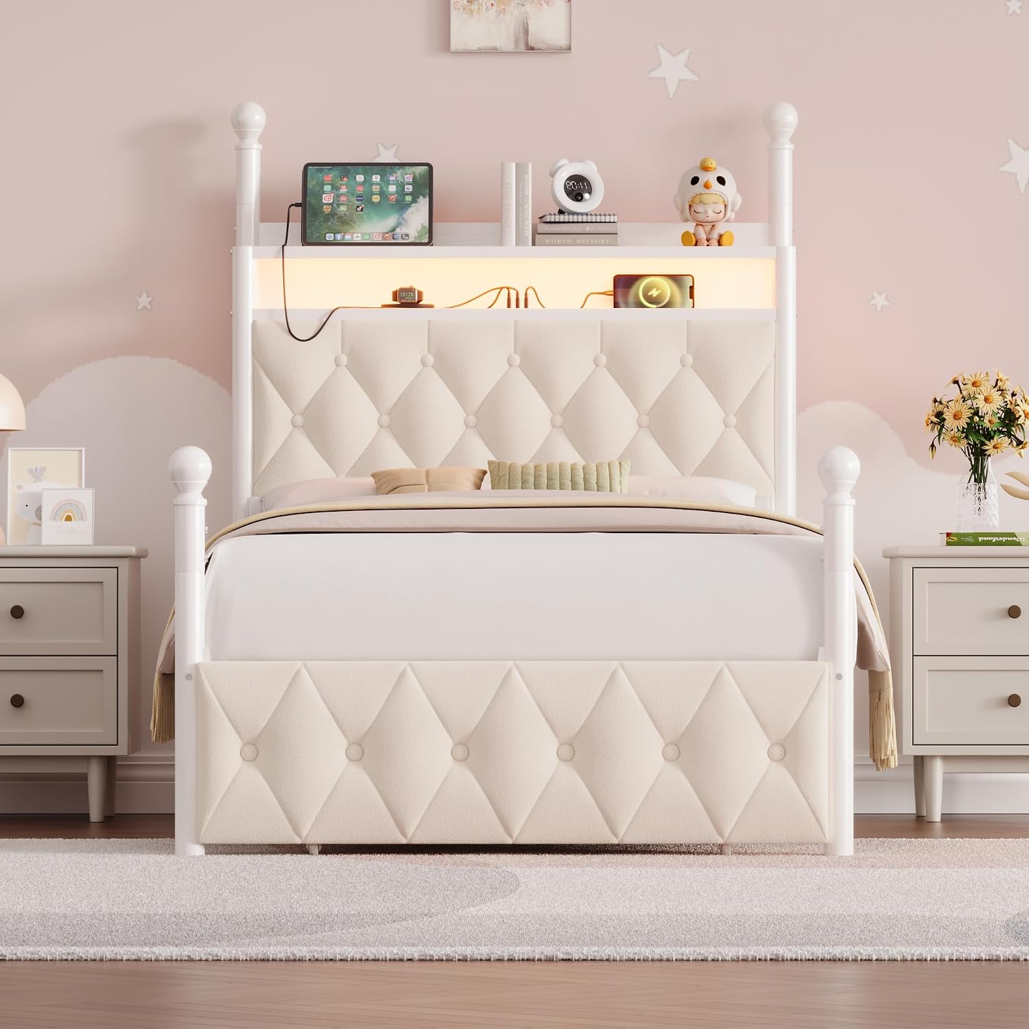 HIFIT Kids Twin Upholstered LED Canopy Bed Frame with Storage and Charging Station, Button Tufted Storage Headboard with Bookshelf, Two-Use Girls Metal Platform Bed, 4 Removable Post & 2 Drawer, Beige