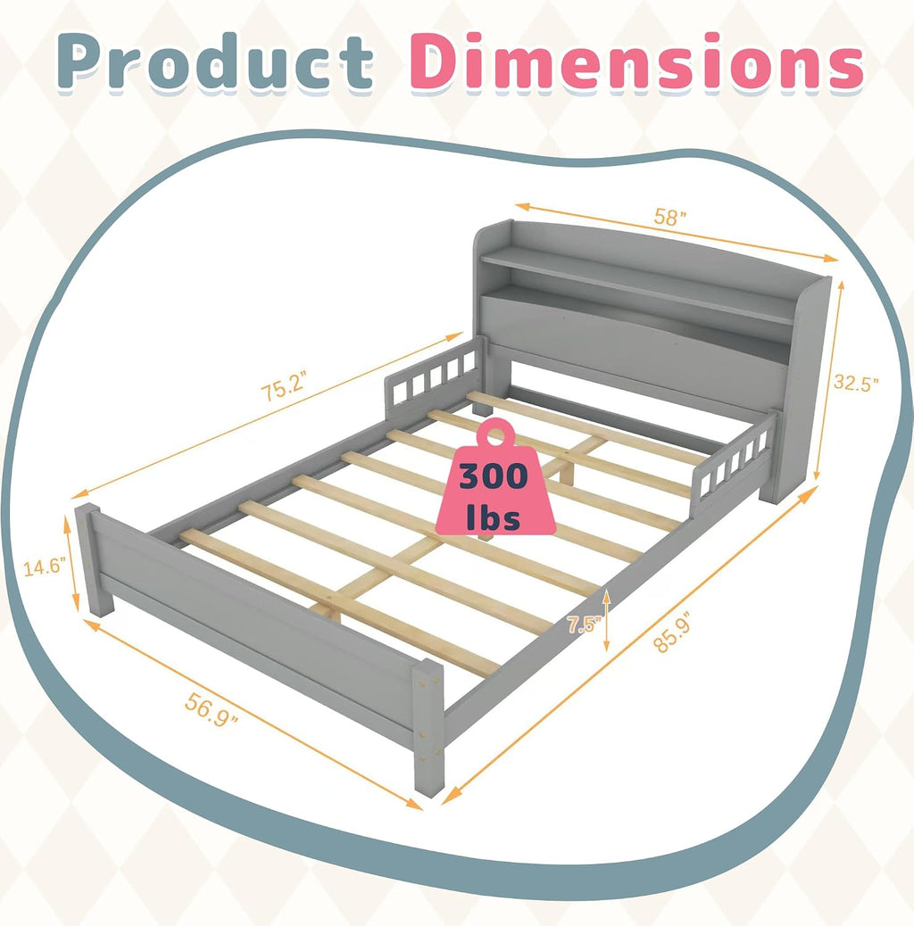 Full Size Kids Bed Frame with Storage Headboard & Motion Sensor LED Light, Wood Low Platform Bed with Detachable Guardrails, Full Bed Frame for Kids Boys Girls, No Box Spring Needed, Grey