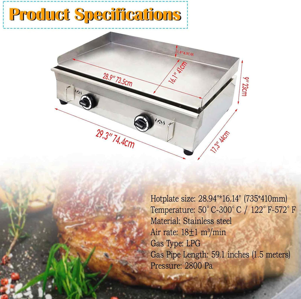 Commercial Stainless Steel LPG Gas Griddle Grill, 28.9' x 16.1' Flat Top Countertop Griddle for Steak, Pancakes & Teppanyaki, 2800Pa, Home & Outdoor Use