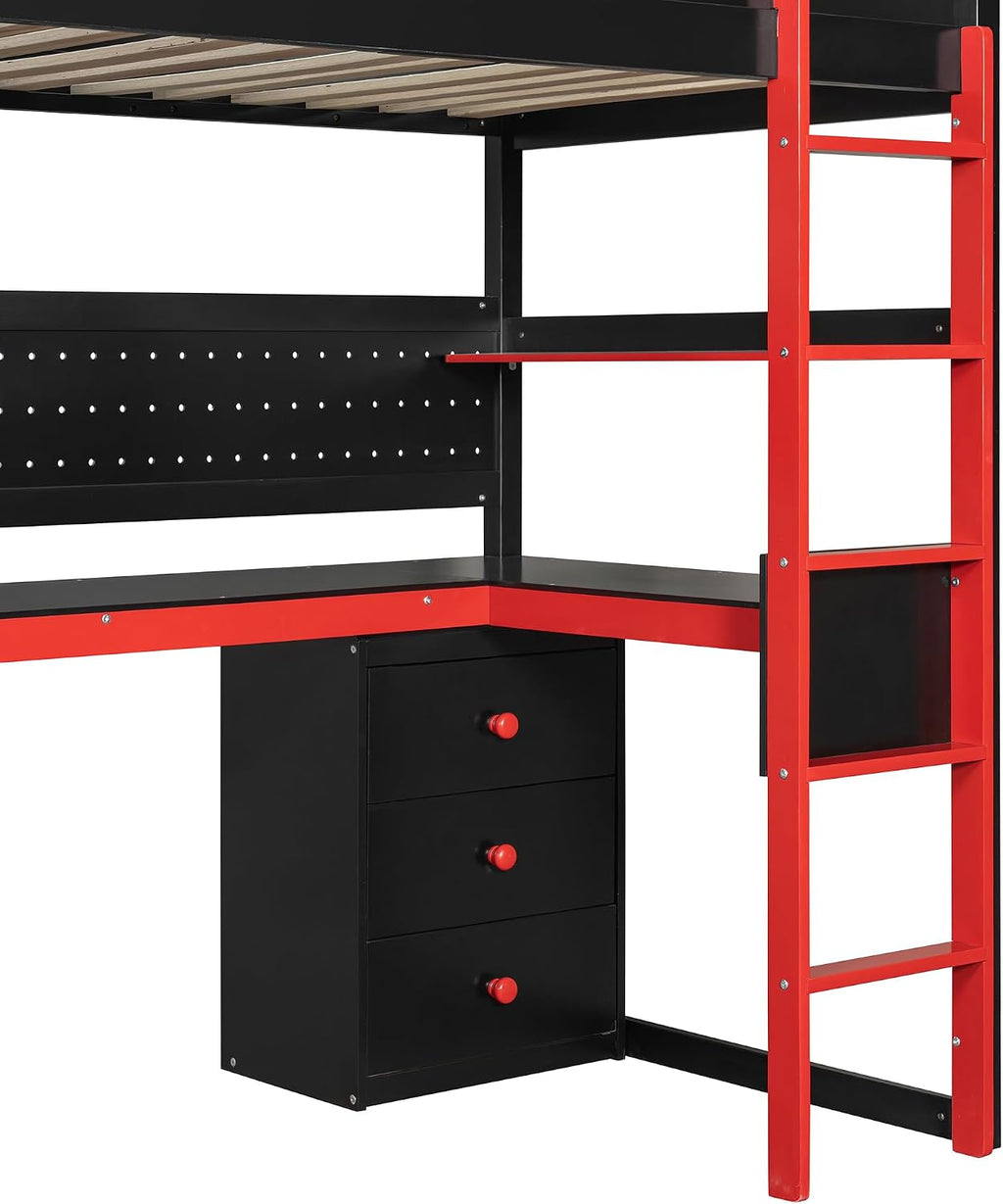 Ball & Cast Gaming Twin Size Loft Bed with Storage Stairs,Wood Gamer Loft Bed Frame W/Desk,Shelves and Pegboard,High Loft Bed W/Full-Length Guardrail,Bedroom Furniture for Student Dorms,Black+Red