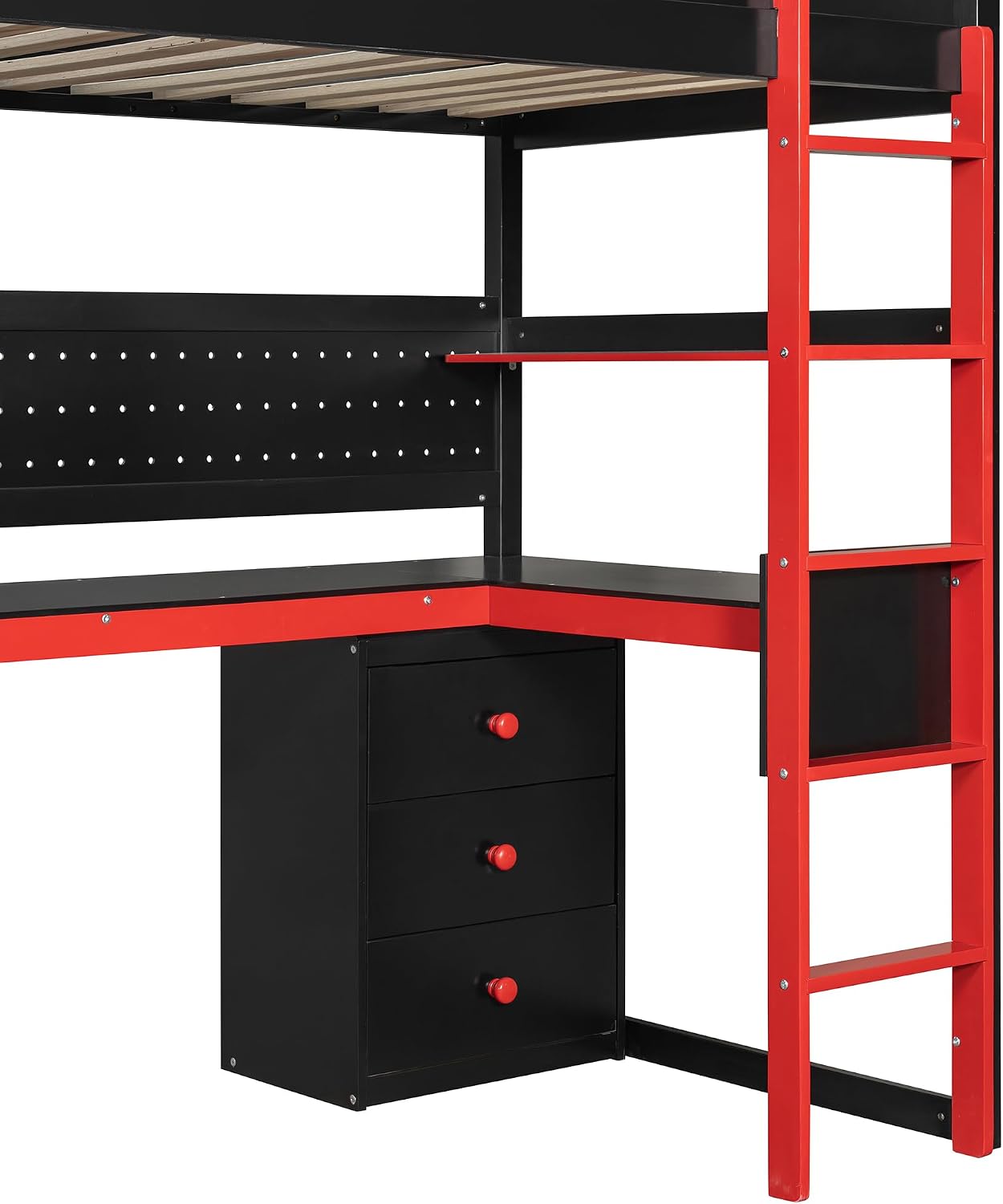 Ball & Cast Gaming Twin Size Loft Bed with Storage Stairs,Wood Gamer Loft Bed Frame W/Desk,Shelves and Pegboard,High Loft Bed W/Full-Length Guardrail,Bedroom Furniture for Student Dorms,Black+Red
