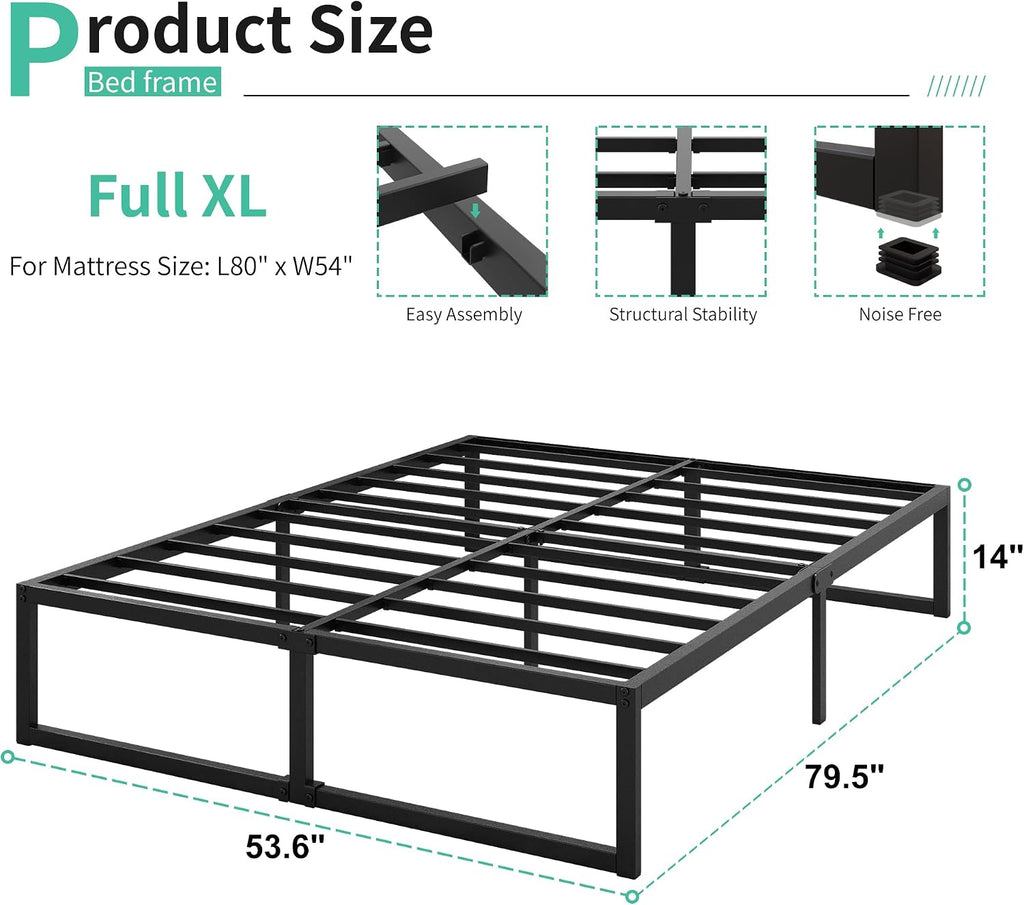Lutown-Teen 14 Inch Full XL Size Bed Frame No Box Spring Needed, Heavy Duty XL Full Metal Platform Beds with Sturdy Steal Slats for Mattress Foundation, Easy Assembly, Noise Free, Black