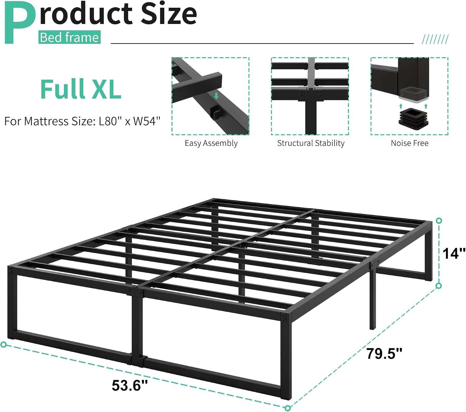 Lutown-Teen 14 Inch Full XL Size Bed Frame No Box Spring Needed, Heavy Duty XL Full Metal Platform Beds with Sturdy Steal Slats for Mattress Foundation, Easy Assembly, Noise Free, Black