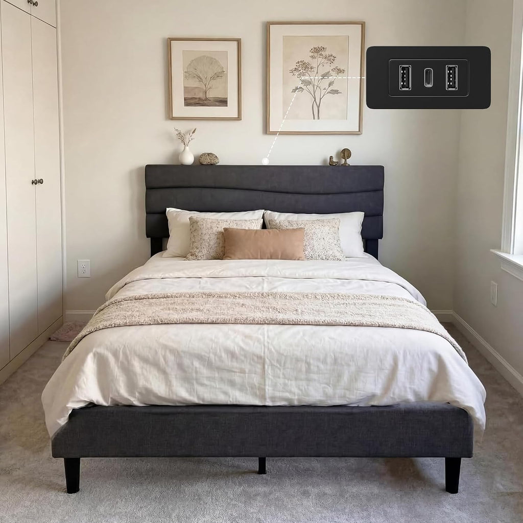 EnHomee Full Size Bed Frame with Adjustable Height Upholstered Headboard, 3 USB Charging Ports, Noise-Free Platform Bed, No Box Spring Needed, Grey