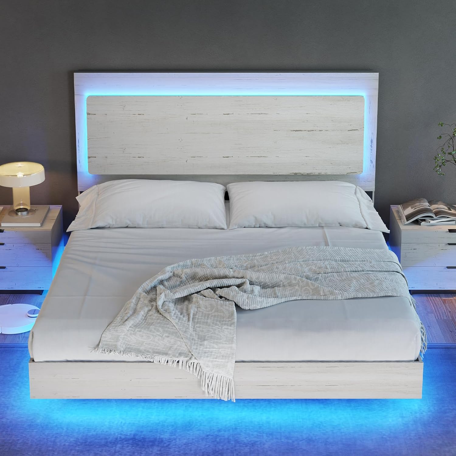 AMERLIFE Full Bed Frame, Farmhouse Floating Bed Frame with Recline Headboard, Platform Bed with LED Light, No Box Spring Needed/Noise Free, Distressed White