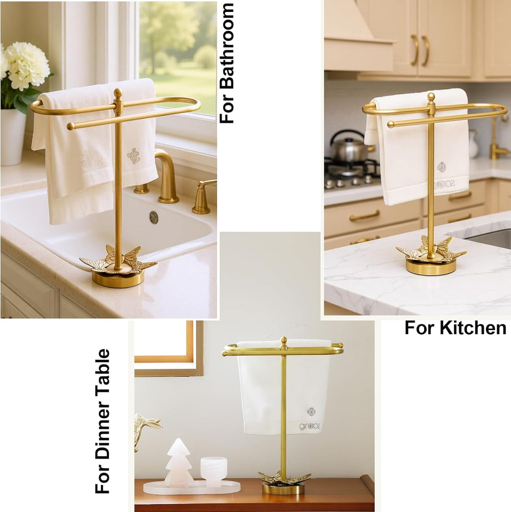 Brass Gold Freestanding Hand Towel Holder for Bathroom Countertop, Decorative Kitchen Towel Holder Stand (C)