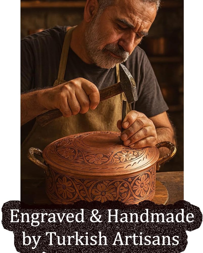 Vintage 100% Pure Solid Copper Hammered Handmade Engraved Cookware Cooking Stew Pot Braiser Lid Pan Oven Fancy Serving Nonstick Handle Non Stick Decorative Kitchen Decor Indian Turkish (3 Quarts)