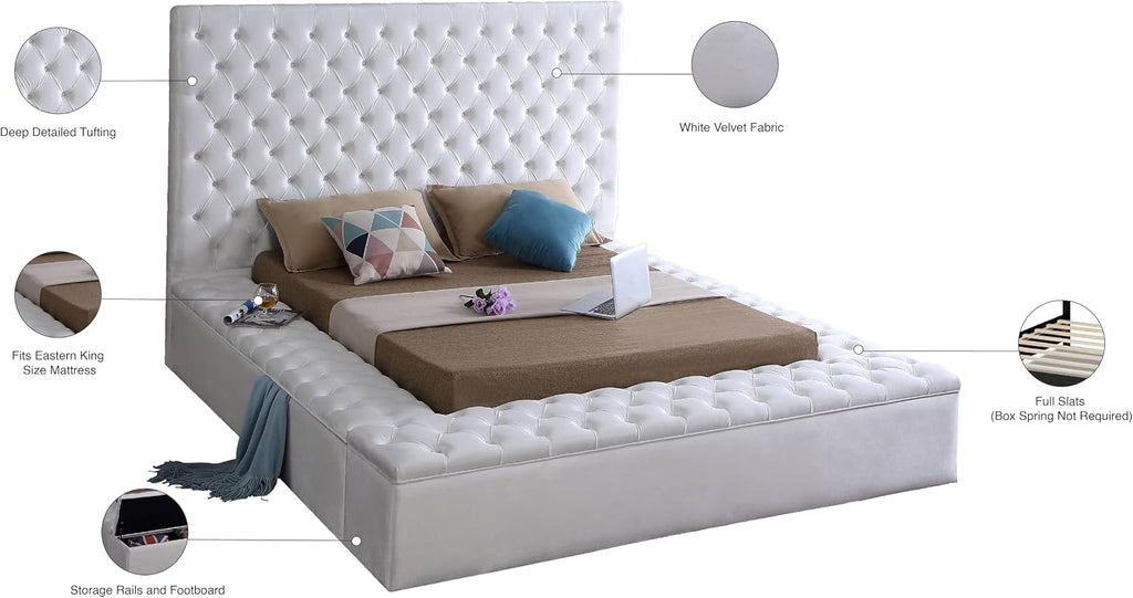 Meridian Furniture Bliss Collection Modern | Contemporary Velvet Upholstered Bed with Deep Button Tufting and Storage Compartments in Rails and Footboard, White, King
