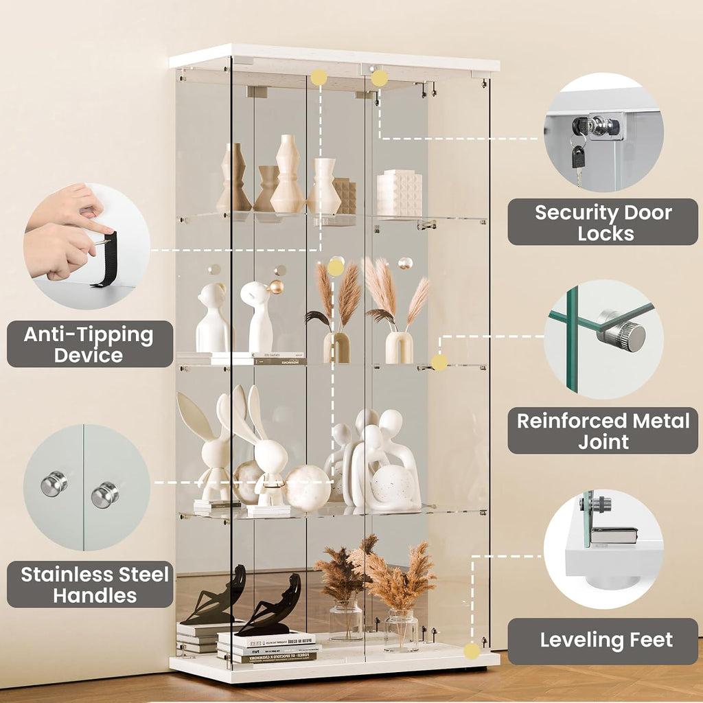 Mirrored Glass Display Cabinet with Lock, 4-Shelf Tempered Glass Curio Cabinet with 2 Doors, Collectible Display Showcase for Living Room, Bedroom – White