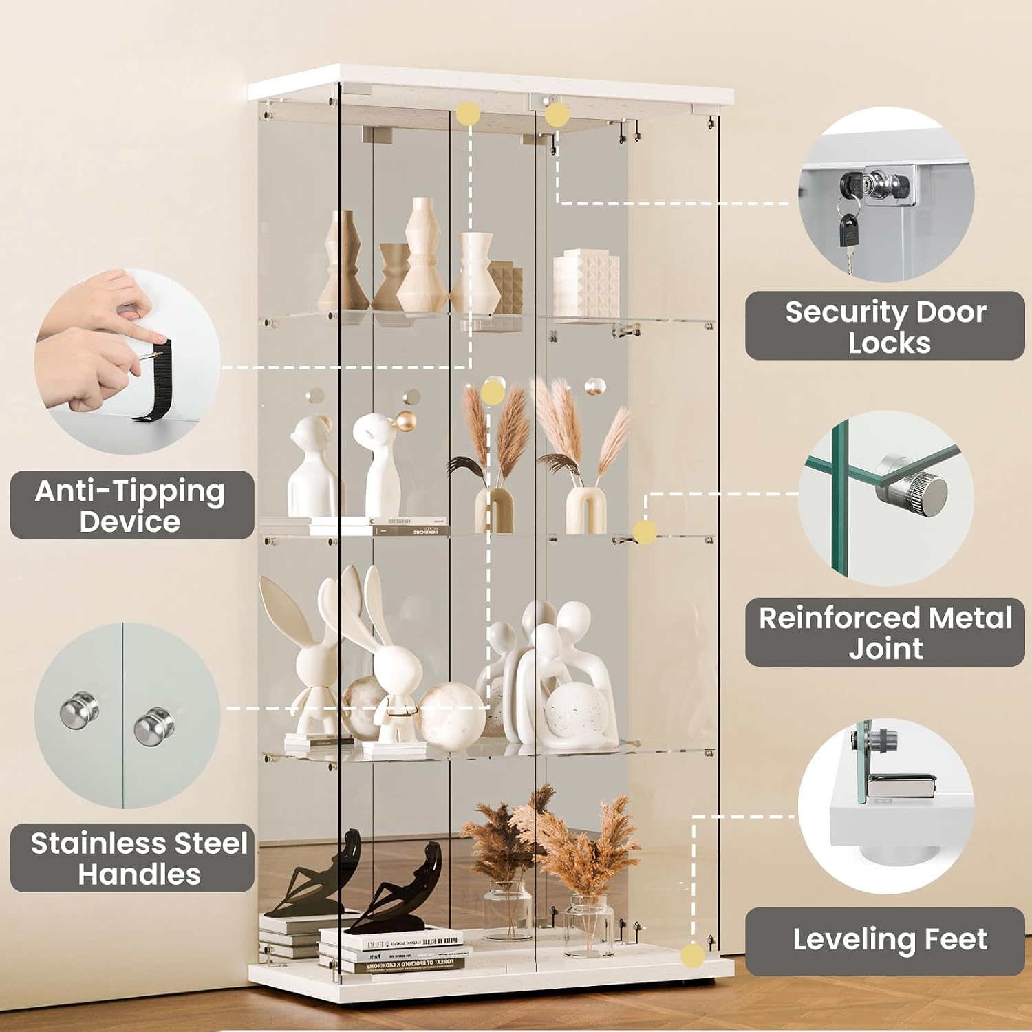 Mirrored Glass Display Cabinet with Lock, 4-Shelf Tempered Glass Curio Cabinet with 2 Doors, Collectible Display Showcase for Living Room, Bedroom – White