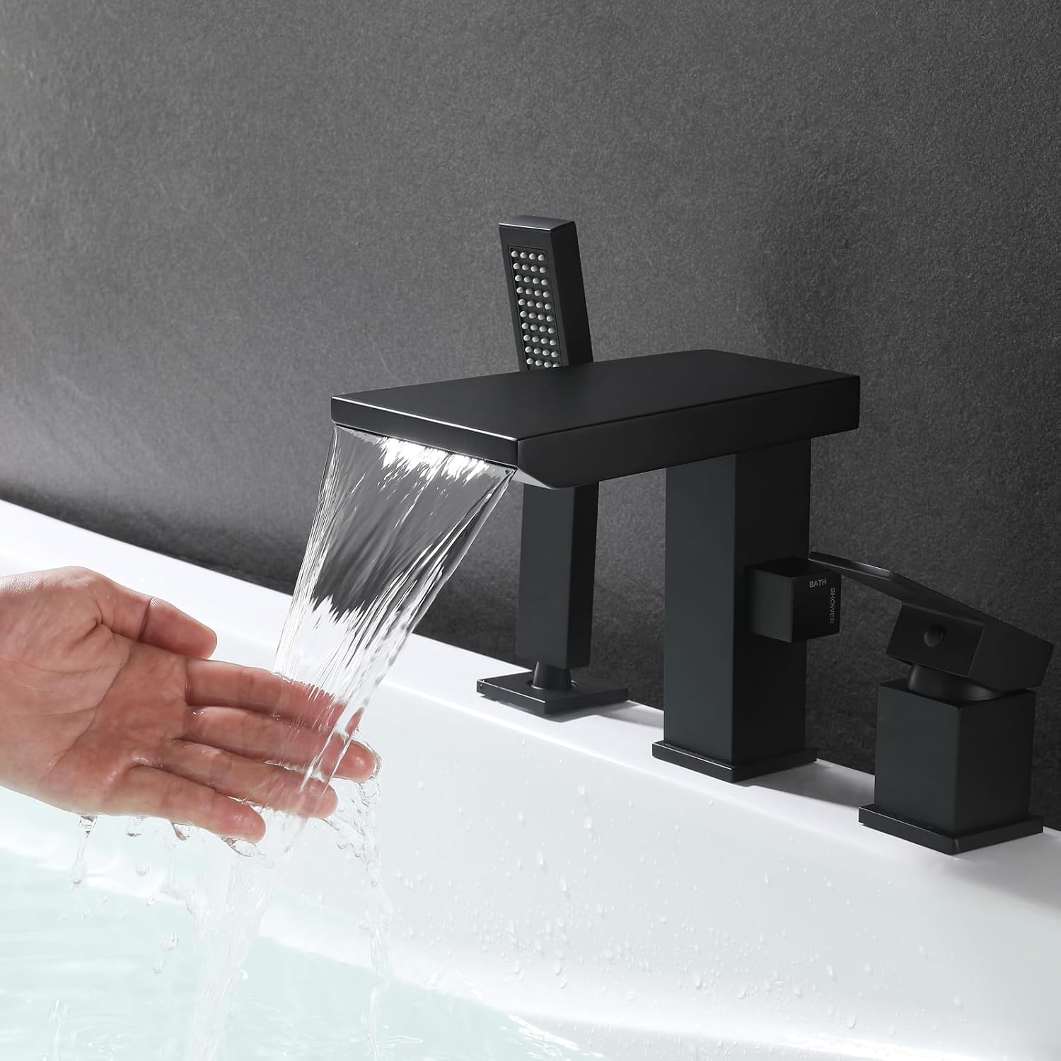Waterfall Roman Tub Faucet with Hand Shower, Deck Mount Tub Filler Bathtub Faucet with Sprayer, Brass Widespread 3 Hole Bathtub Shower Faucet Set, Matte Black