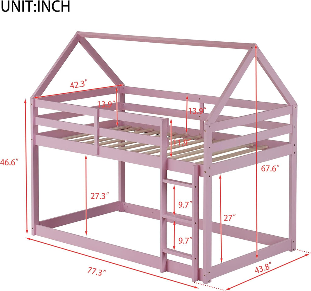 Bellemave Twin Over Twin Bunk Bed, Wooden House Bunk Bed with Ladder and Guardrails for Bedroom, Dormitory, Suit for Kids, Teens, Juniors, No Box Spring Needed, Pink