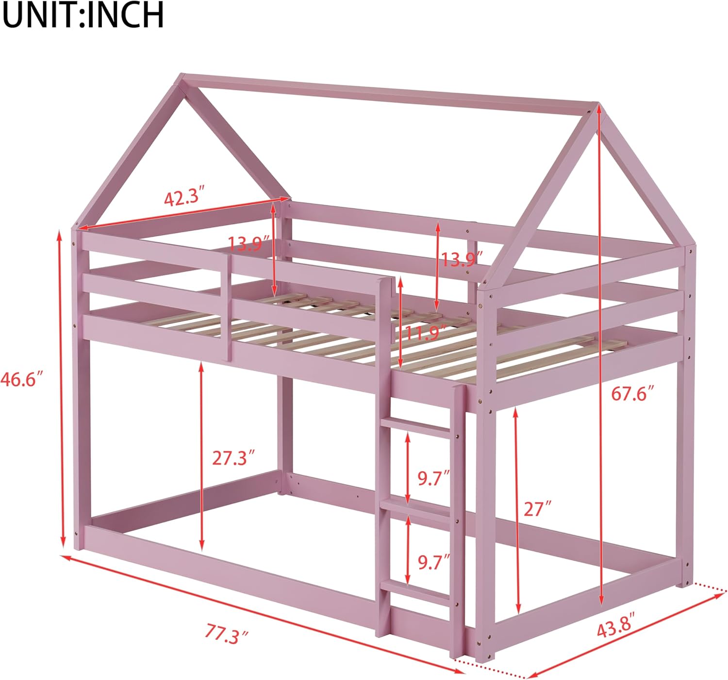 Bellemave Twin Over Twin Bunk Bed, Wooden House Bunk Bed with Ladder and Guardrails for Bedroom, Dormitory, Suit for Kids, Teens, Juniors, No Box Spring Needed, Pink