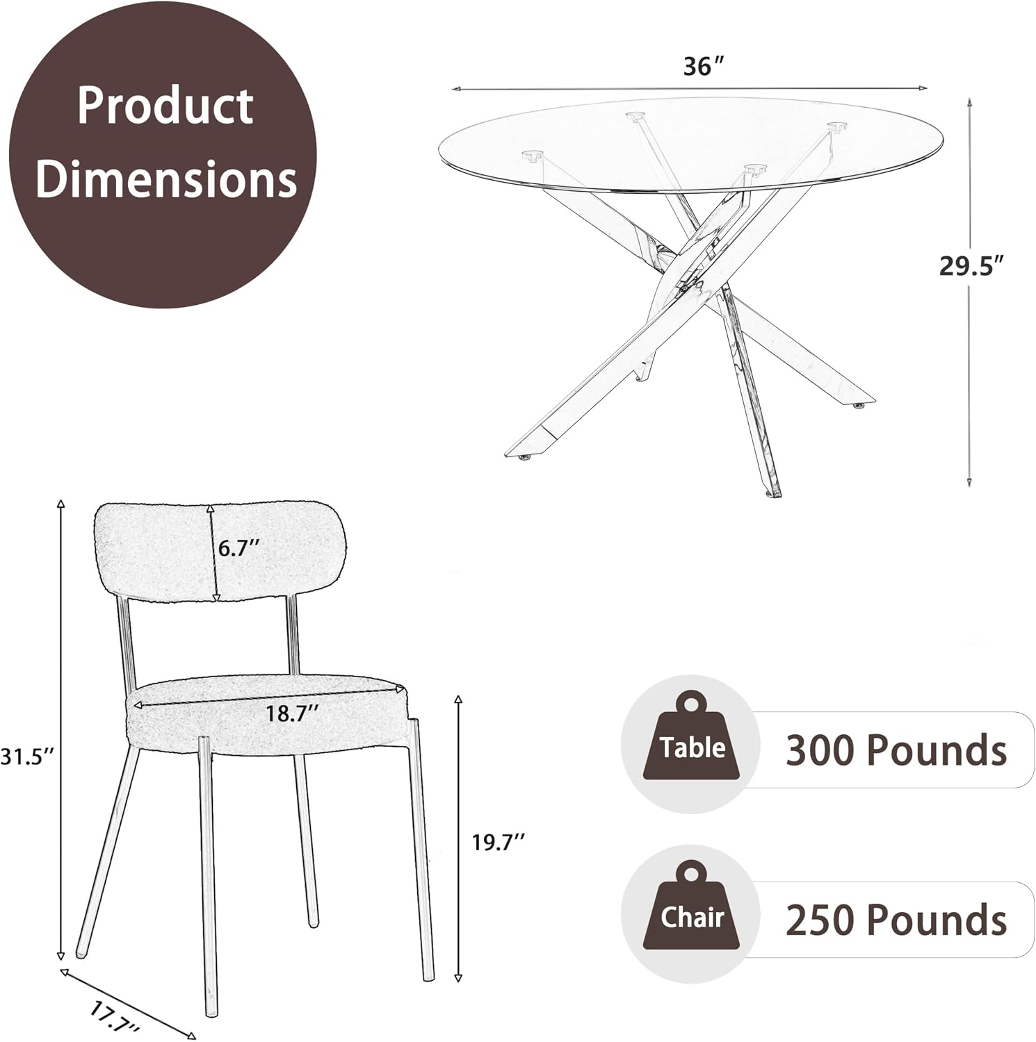 RGZ 5 Pieces Modern Black Round Kitchen Table Set, Clear Circle Glass Dining Table with Black Boucle Chairs Set of 4, 36'' Small Luxury Circular Dinner Room Set, for Home Apartment Bedroom Café