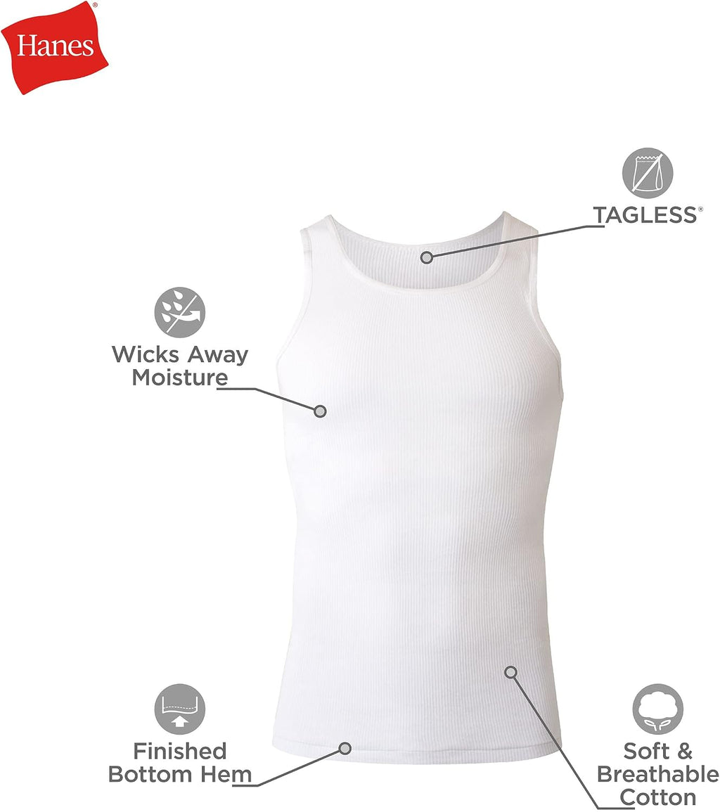 Hanes Men's Tank Undershirt Pack, Cotton Tank Undershirt, Moisture-Wicking, Breathable, White or Grey/Black, Multi-Pack