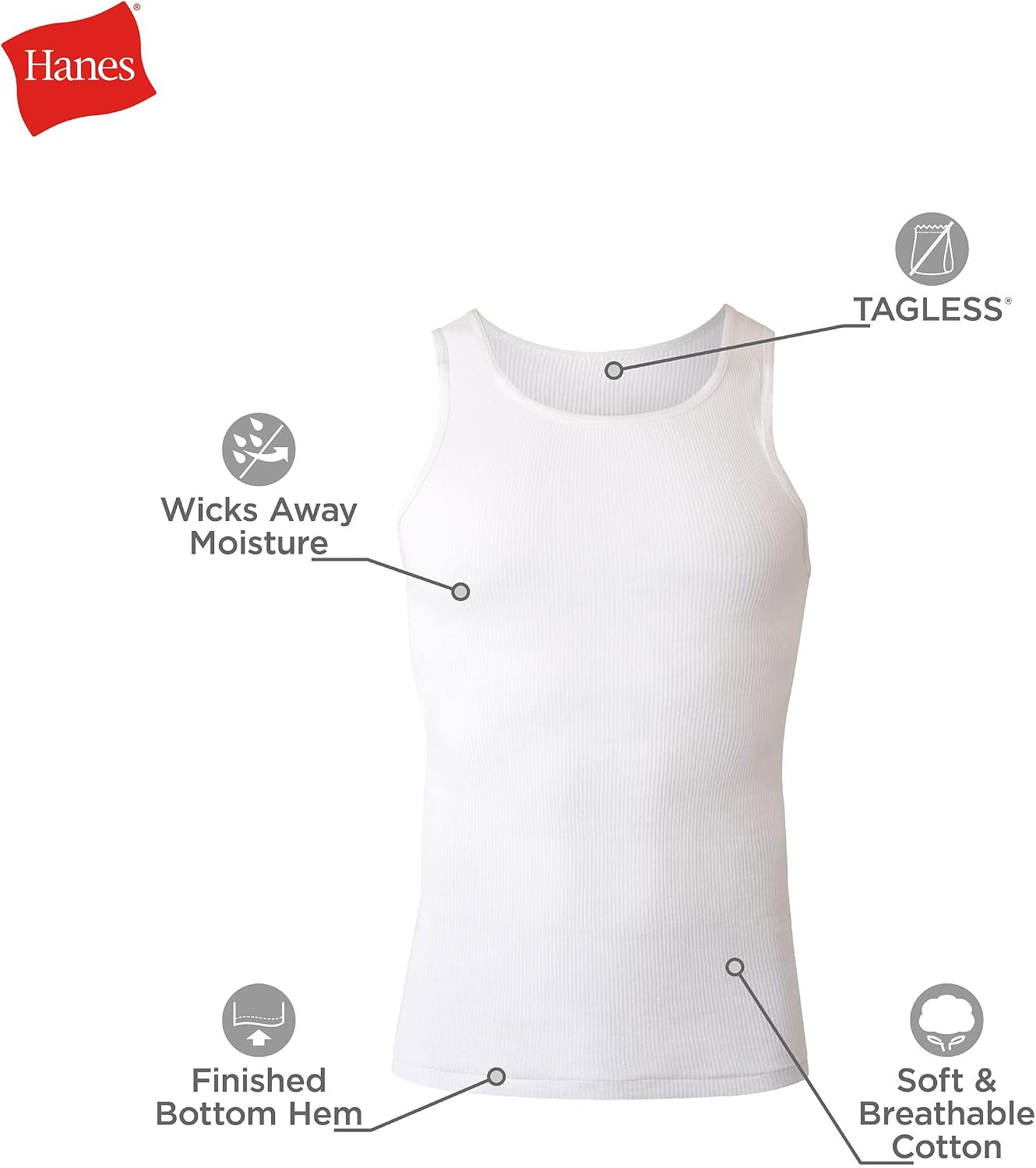 Hanes Men's Tank Undershirt Pack, Cotton Tank Undershirt, Moisture-Wicking, Breathable, White or Grey/Black, Multi-Pack