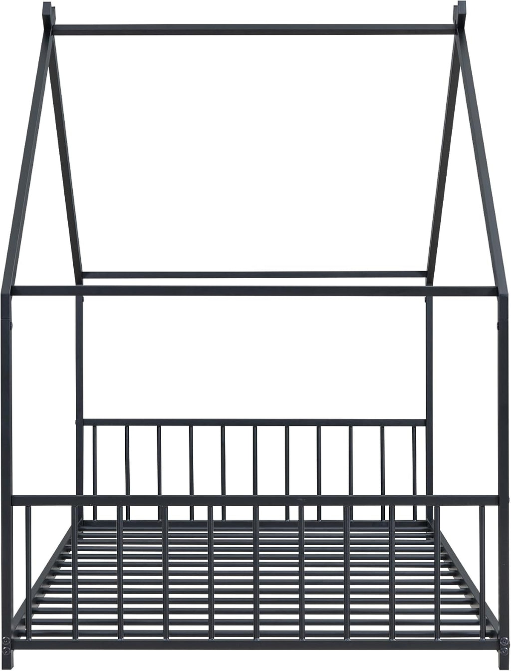Bellemave Twin Size Floor BedFrame with Slats for Kids, Metal Montessori Floor Beds, Twin House Bed for Kids, Black with roof
