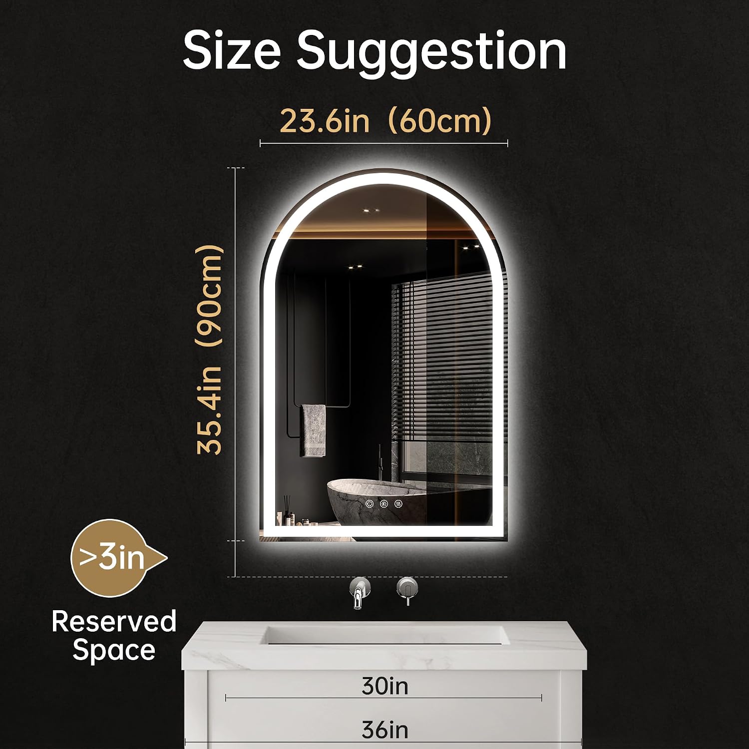 Arched LED Mirror for Bathroom 24'x36'- Frameless Lighted Bathroom Mirror with Lights, Fogless, Dimmable, 3 Color Changing, Shatterproof, Touch Sensor