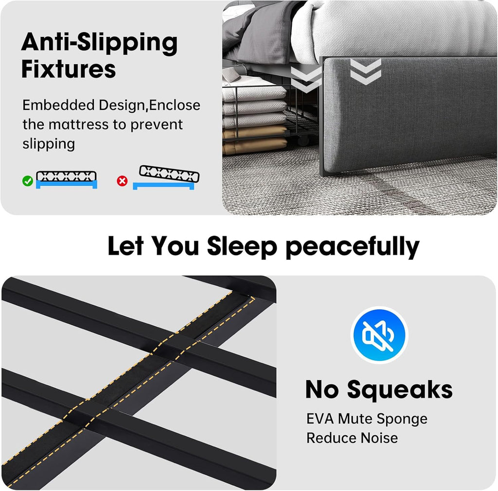 UINTAI King Size Bed Frame with LED Lights and Charging Station, Upholstered Platform Bed with Storage Headboard and 4 Drawers, Metal Slat Support, Noise-Free, No Box Spring Needed, Easy Assembly