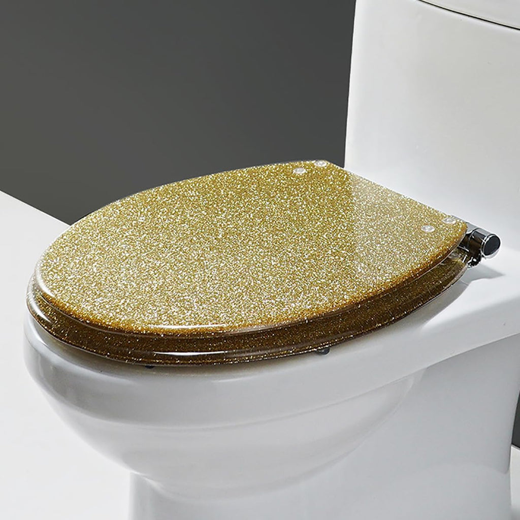 Glitter Toilet Seat Round 16.5 Inch Quick Release Toilet Seats Cover with Slow Close Toilet Lid, Non-Slip Lid, Easy Installation Resin Safe Material (Gold)