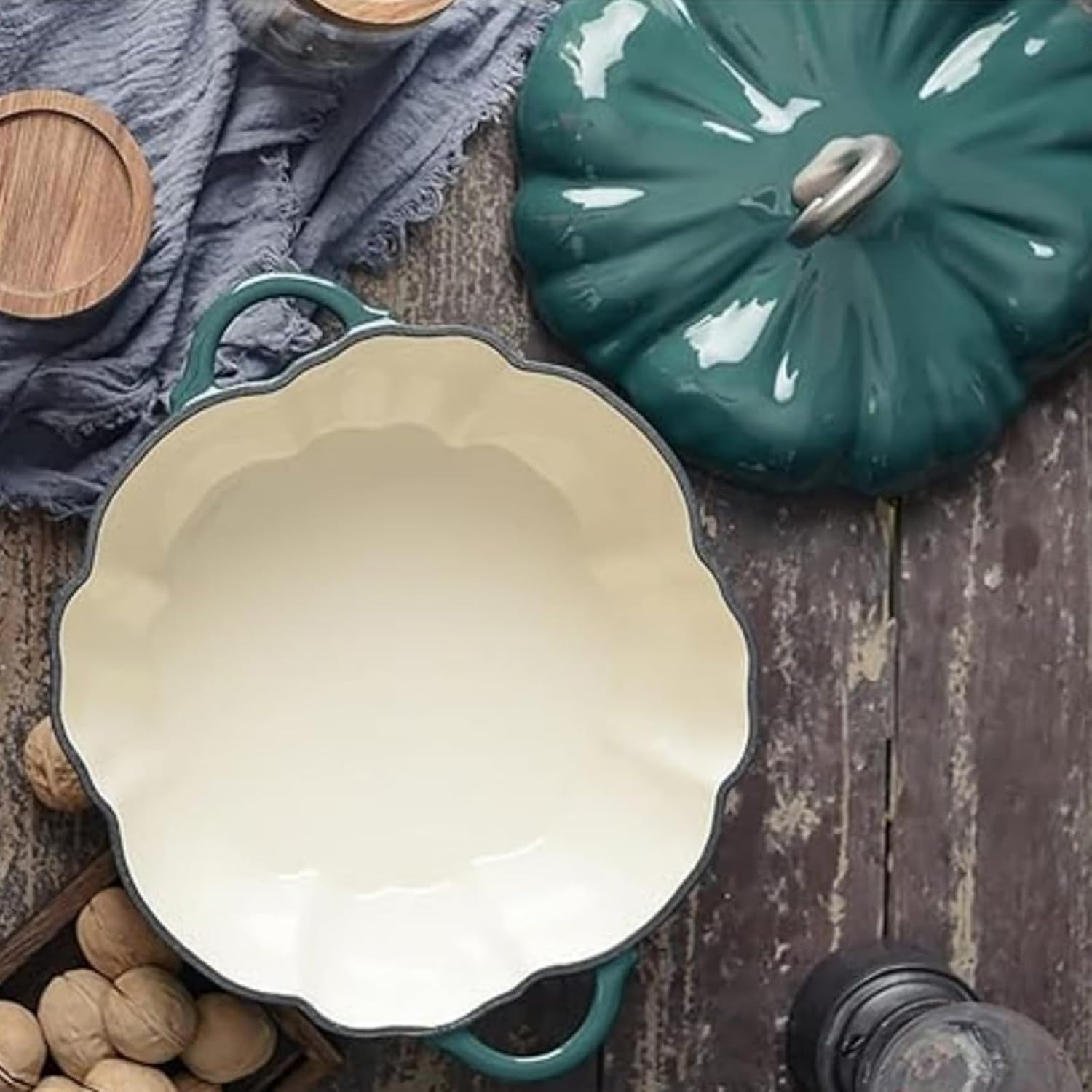 Green,Mswborml Pumpkin Enameled Dutch Oven Pot with Lid and Non-Stick Ceramic Coating, Heat-Resistant Enamelled Cooking Pot, Heavy-Duty Shallow Casserole Braiser with Dual Handle, Easy to Clean