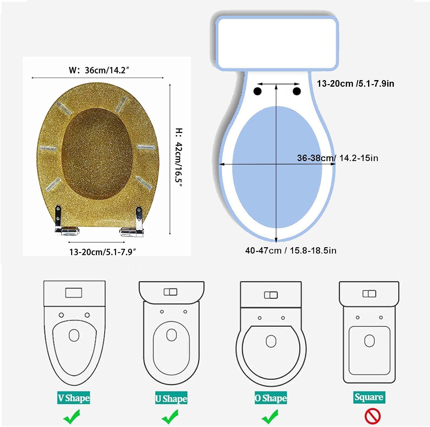 Toilet Seat Soft Close Toilet Seat Black Toilet Seat Cover, Sparkly Toilet Seat Glitter Toilet Seat Slow Close Toilet Seat Round(Gold)