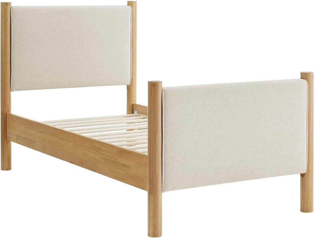Modway Maven Twin Size Bed Frame in Ivory Oak with Upholstered Fabric Headboard and Footboard – Wood Twin Platform Bed Frame – No Box Spring Needed
