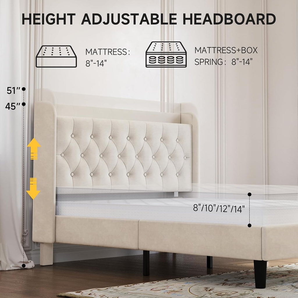 koorlian Queen Bed Frame with Headboard, Adjustable Velvet Upholstered Bed Frame with Type-C&USB Ports, Wingback Storage Headboard, Solid Wood Slats Support, No Box Spring Needed, Noiseless, Beige