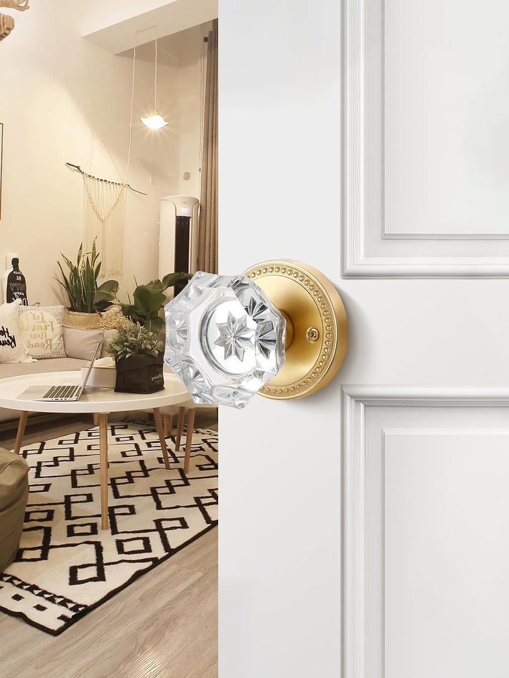 Gold Door Knobs Crystal Door Knob Brushed Gold Passage Door Knobs Glass Satin Brass Interior Door Handles for Hall and Closet 1 Pack