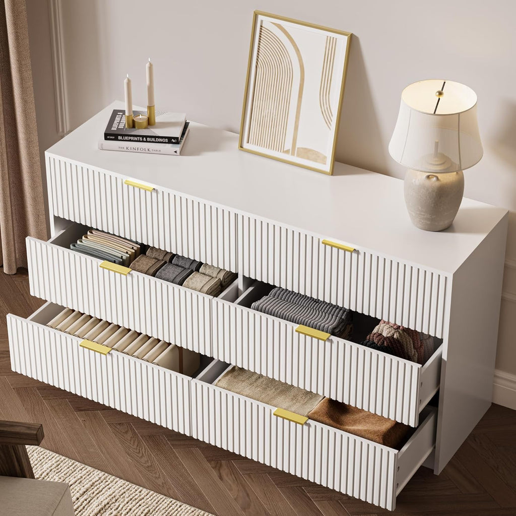 MAISONARIA 3-Piece Dresser Bedroom Set, 6 Drawer Dresser & 3 Drawer Nightstands with Gold Handles, Fluted Wood Chest of Drawers for Bedroom, Living Room, Entryway, White