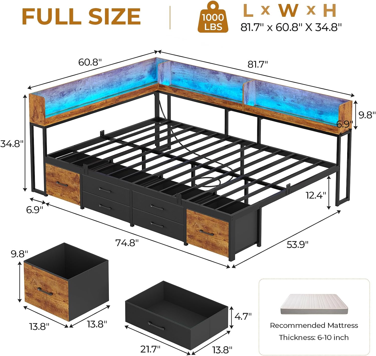 MSmask 14 Inch Corner Bed Frame with Bookcase Storage, Full Daybed with 6 Drawers, Charging Station and LED Light, Full Size Metal Platform Bed Frame for Kids Teenagers, Black & Vintage Brown