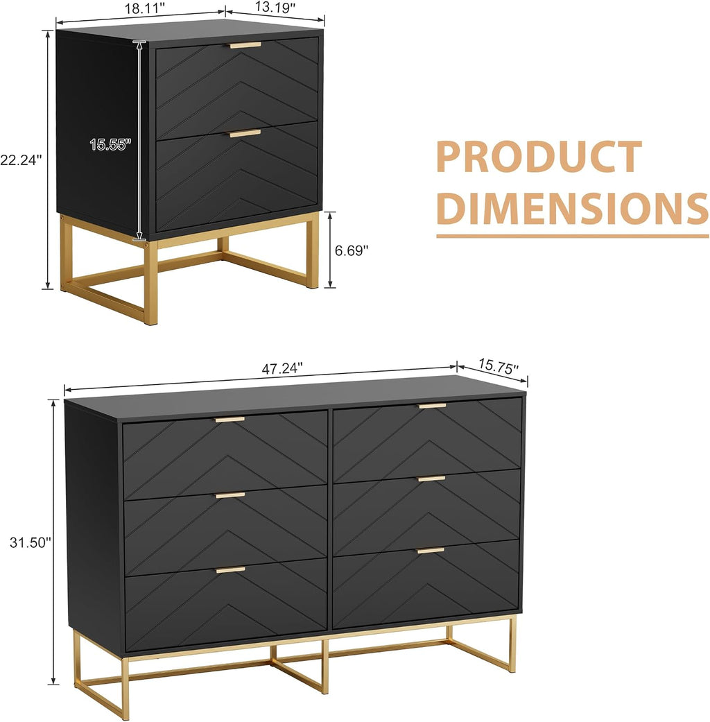 Anbuy Morden 3 Pieces Bedroom Sets, 6 Drawer Dresser and Nightstand Sets for Bedroom, Night Stand Set of 2 & 6 Drawer Dresser with Gold Handles, Morden Wood Chest of Drawers Storage Cabinet Set, Black