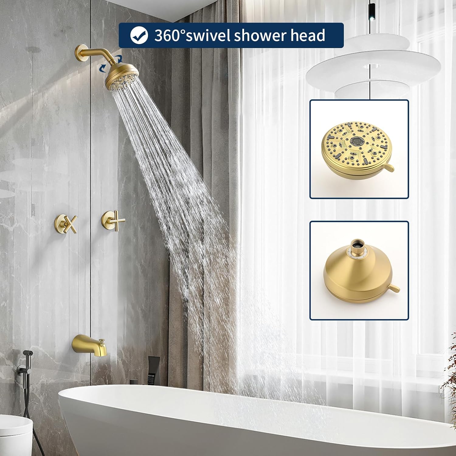 2 Handles Shower Faucet Set with Tub Spout Bathtub Shower Faucet Combo Set Shower System Complete Tub and Shower Trim Kit Brushed Gold Wall Mounted Shower Fixtures