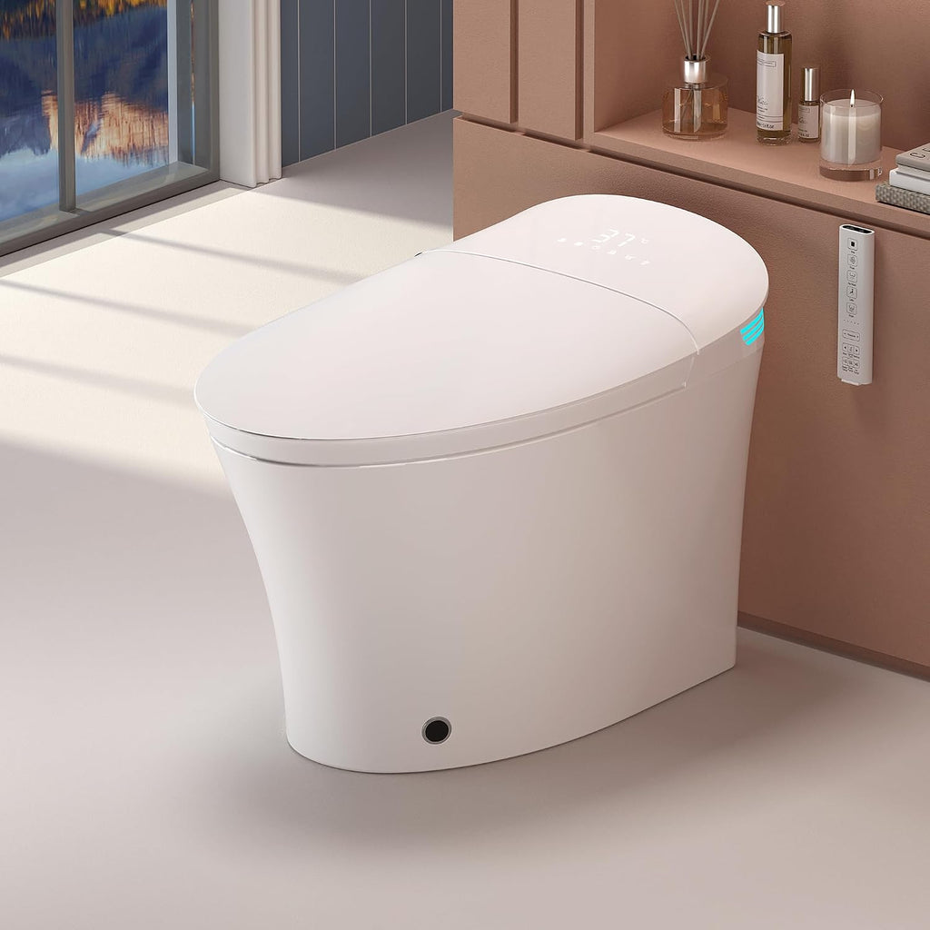 WinZo Smart Toilet With Bidet, ADA One-Piece Elongated, Auto Open/Close & Flush, Heated Seat, Front & Rear Wash, LED Display, Night Light, 12-inch Rough-in, White, Ceramic (White)