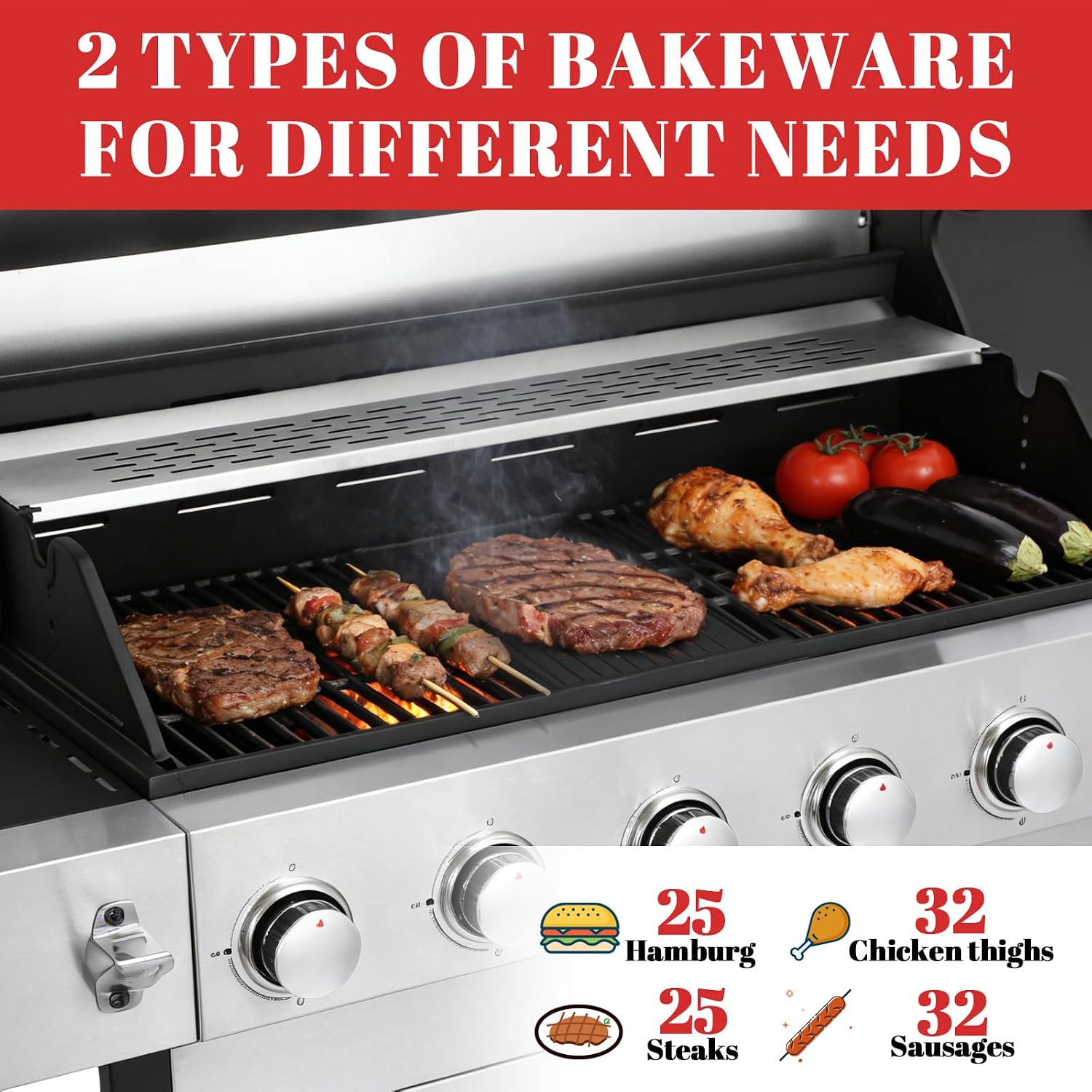 3-Burner Propane Gas BBQ Grill, Stainless Steel Propane Grill 36,900 BTU Outdoor Cabinet Style with Wheels, Wire Rack and Two Foldable Side Table for Outdoor Barbecue Cooking (5-Burner Grill,Silver)