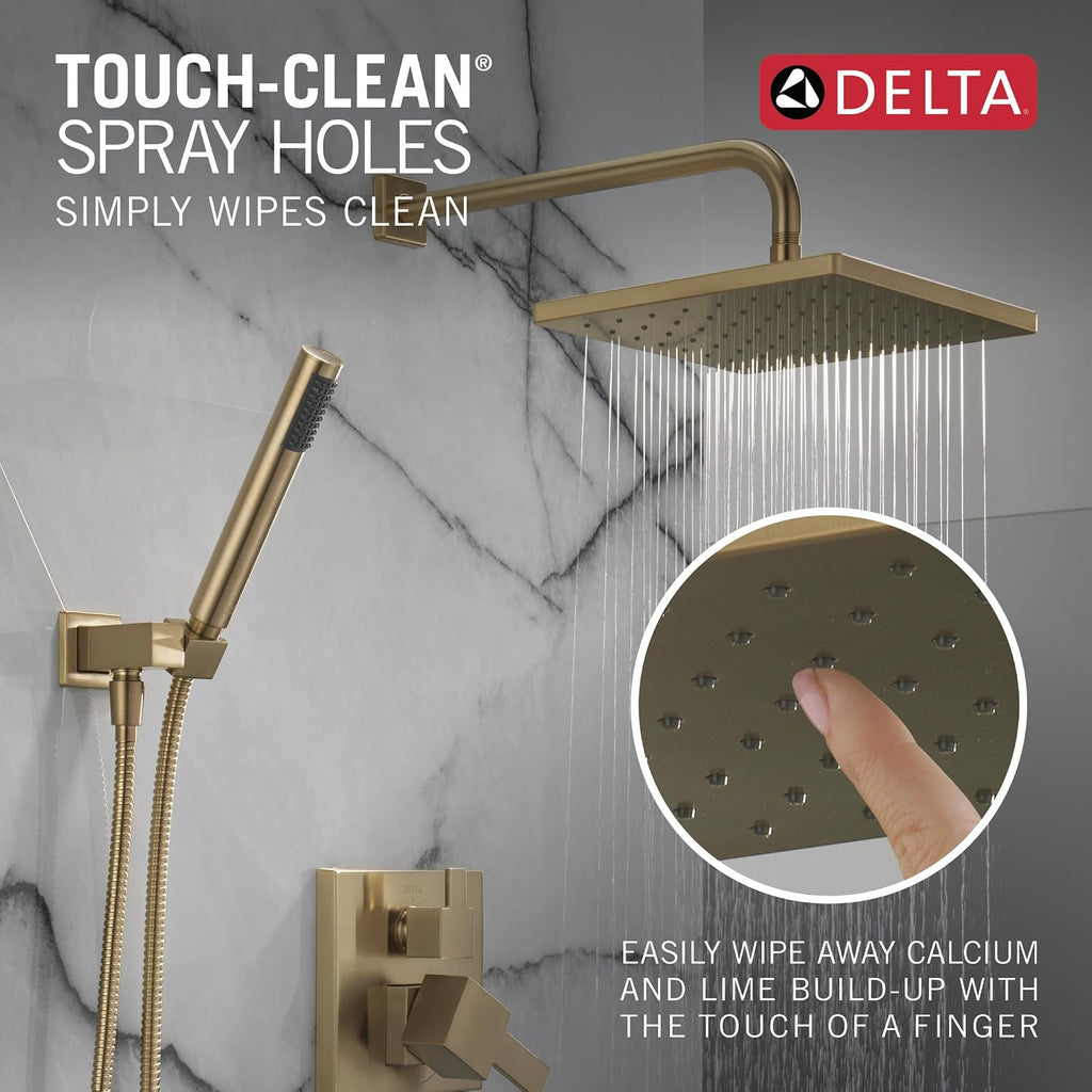 Delta Modern 14 Series Square Rain Shower System Faucet Set, Rainfall Brushed Gold Shower Head and Handle Set, Valve Trim Kit, 10 Inch, Champagne Bronze T342701-CZ (Valve Not Included)
