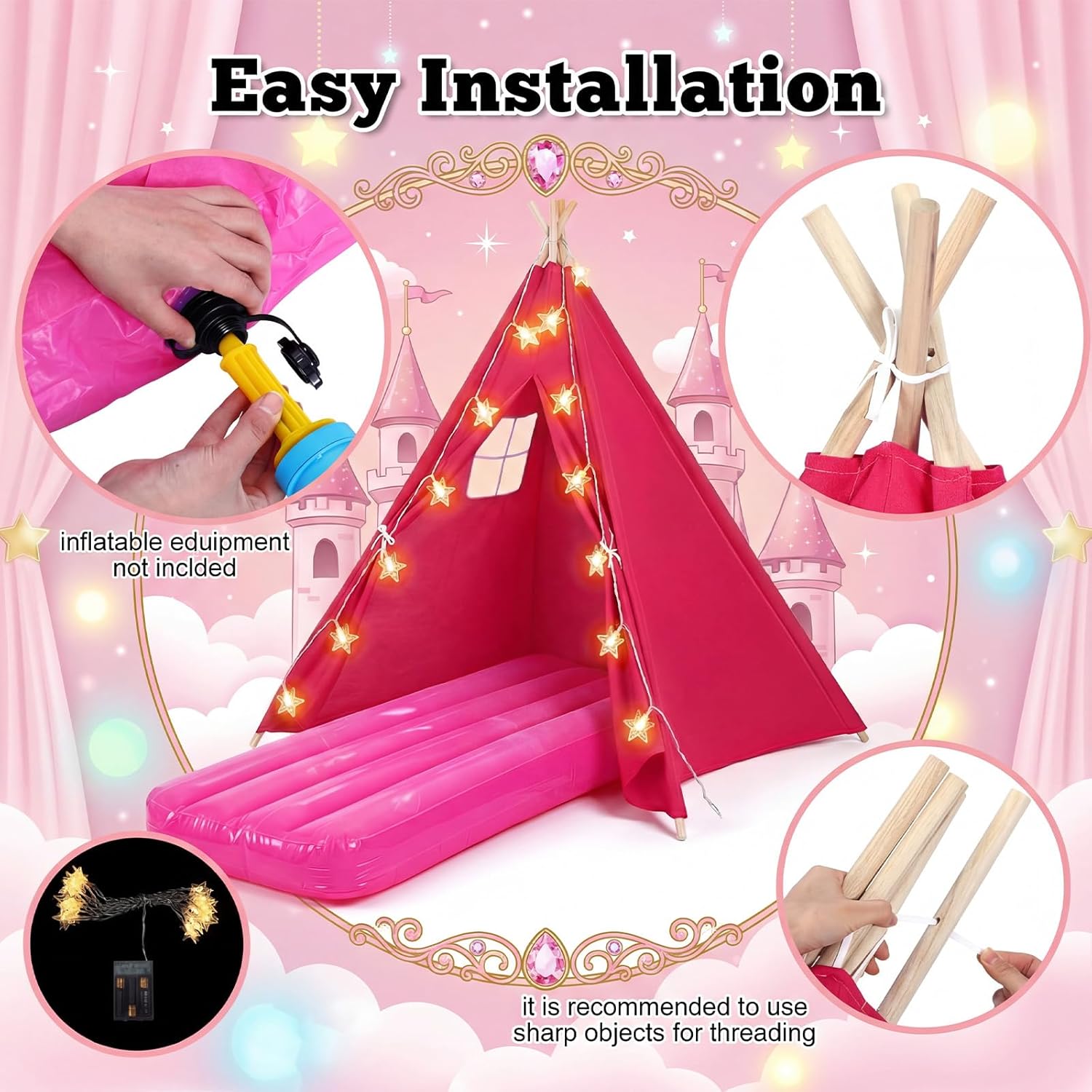 6 Set Sleepovers Teepee Tents Spa Slumber Party Robes Supplies Bulk with Inflatable Airbed and Light String, Birthday Favors Gift Indoor Outdoor (Complete,6 Rose Red)