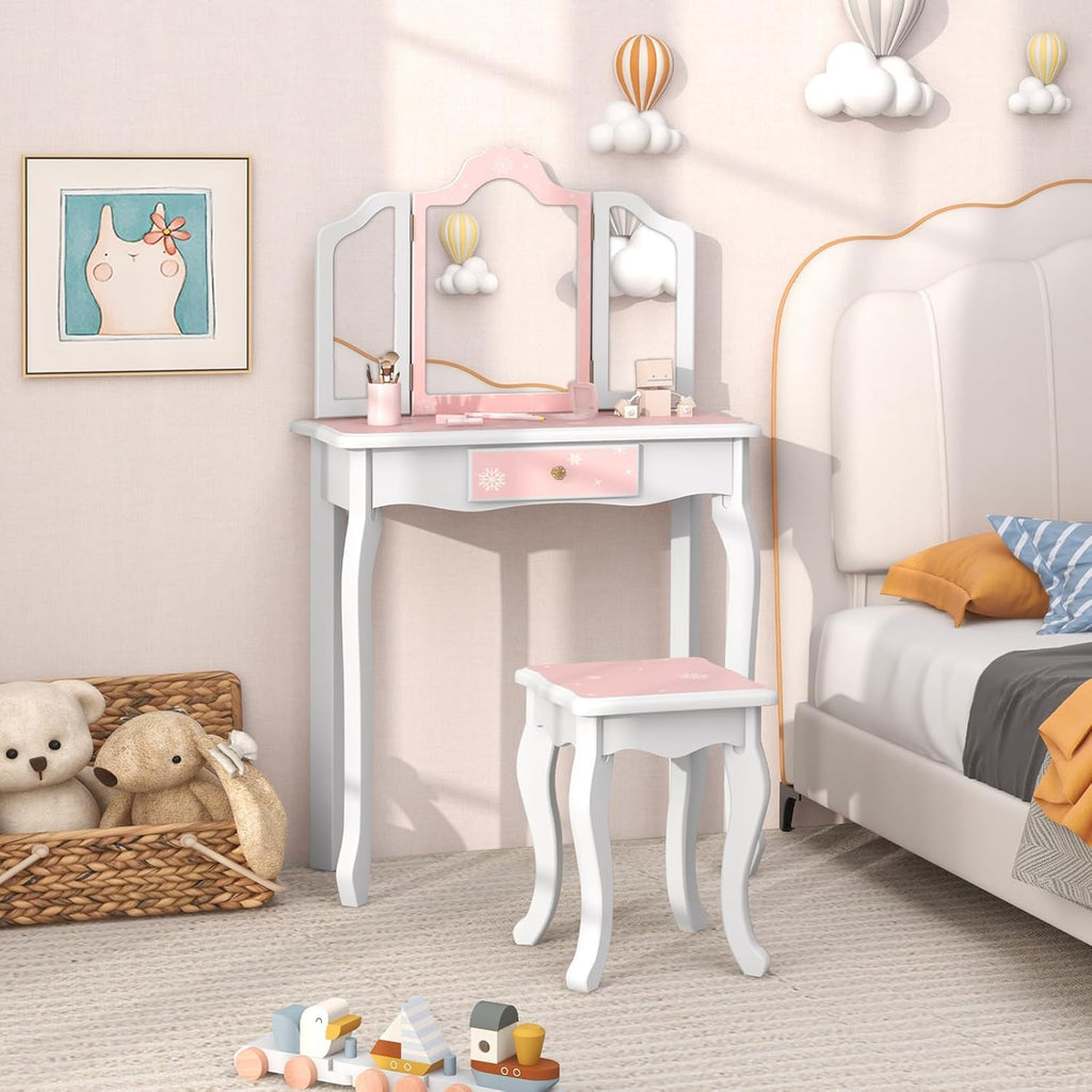 Costzon Kids Vanity & Jewelry Armoire Cabinet, Kids Vanity Table and Chair Set, Standing Jewelry Organizer with Full-Length Mirror, Kids Bedroom Furniture Set for Girls, Snowflake Print (White)