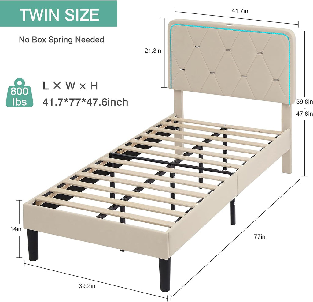 VECELO Upholstered Twin Bed Frame with Headboard Adjustable, Velvet Platform Bed with LED Lights, Charging Station, Mattress Foundation with Wooden Slats, Noise Free, No Box Spring Needed, Cream