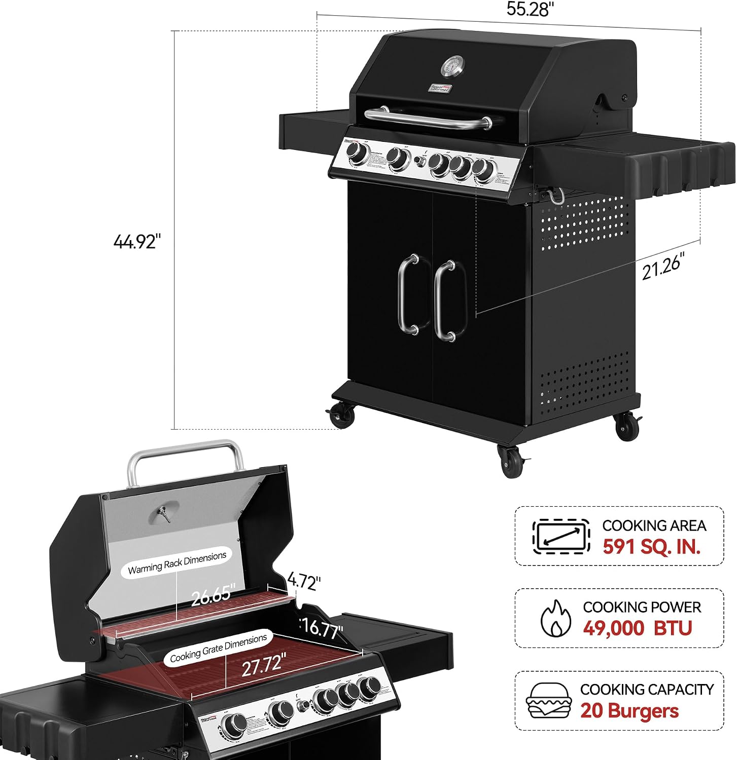 SG5003H 4-Burner Gas Grill with Lidded Side Burner, Cabinet Style Propane Gas Grill, 49,000 BTU Output for Outdoor Patio Garden Picnic Backyard Cooking, Black