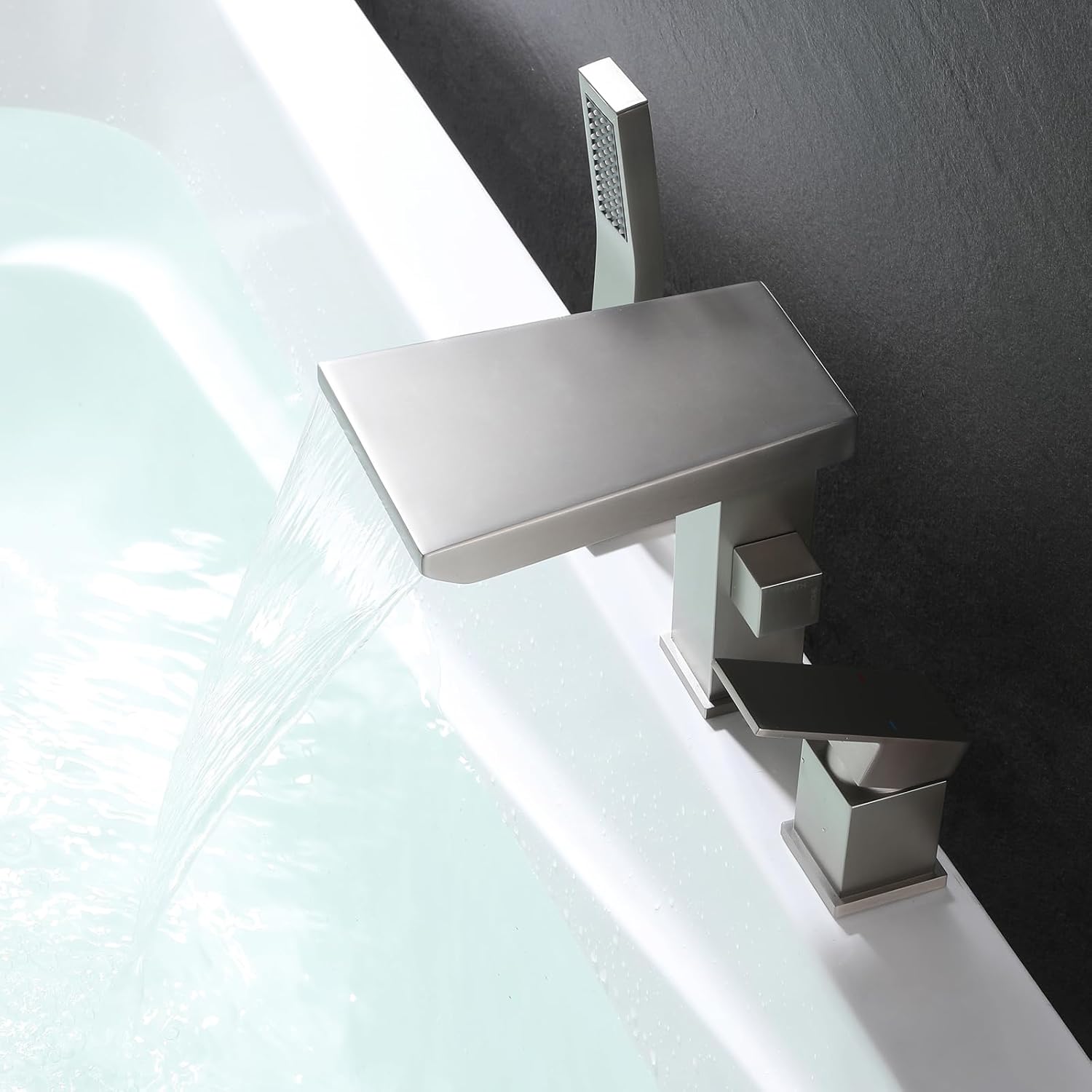 Waterfall Roman Tub Faucet with Hand Shower, Deck Mount Tub Filler Bathtub Faucet with Sprayer, Brass Widespread 3 Hole Bathtub Shower Faucet Set, Brushed Nickel